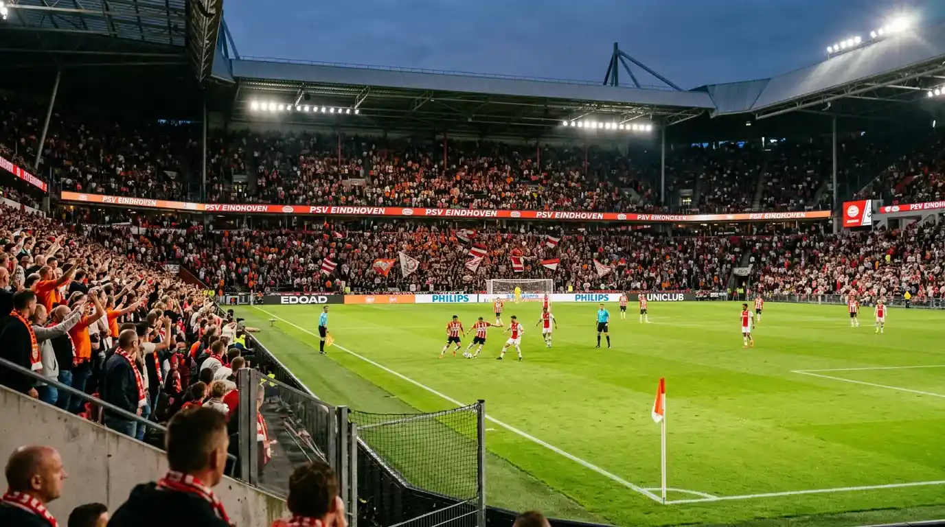 Volle tribunes tijdens een Eredivisie-wedstrijd met fel verlicht voetbalveld