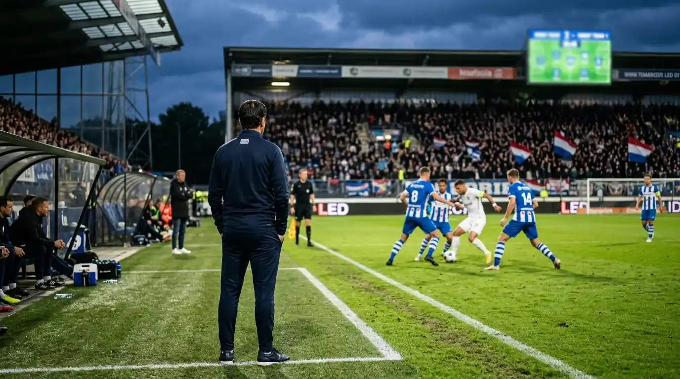 Overzicht van een Nederlandse voetbalwedstrijd met digitale odds op een scherm op de achtergrond