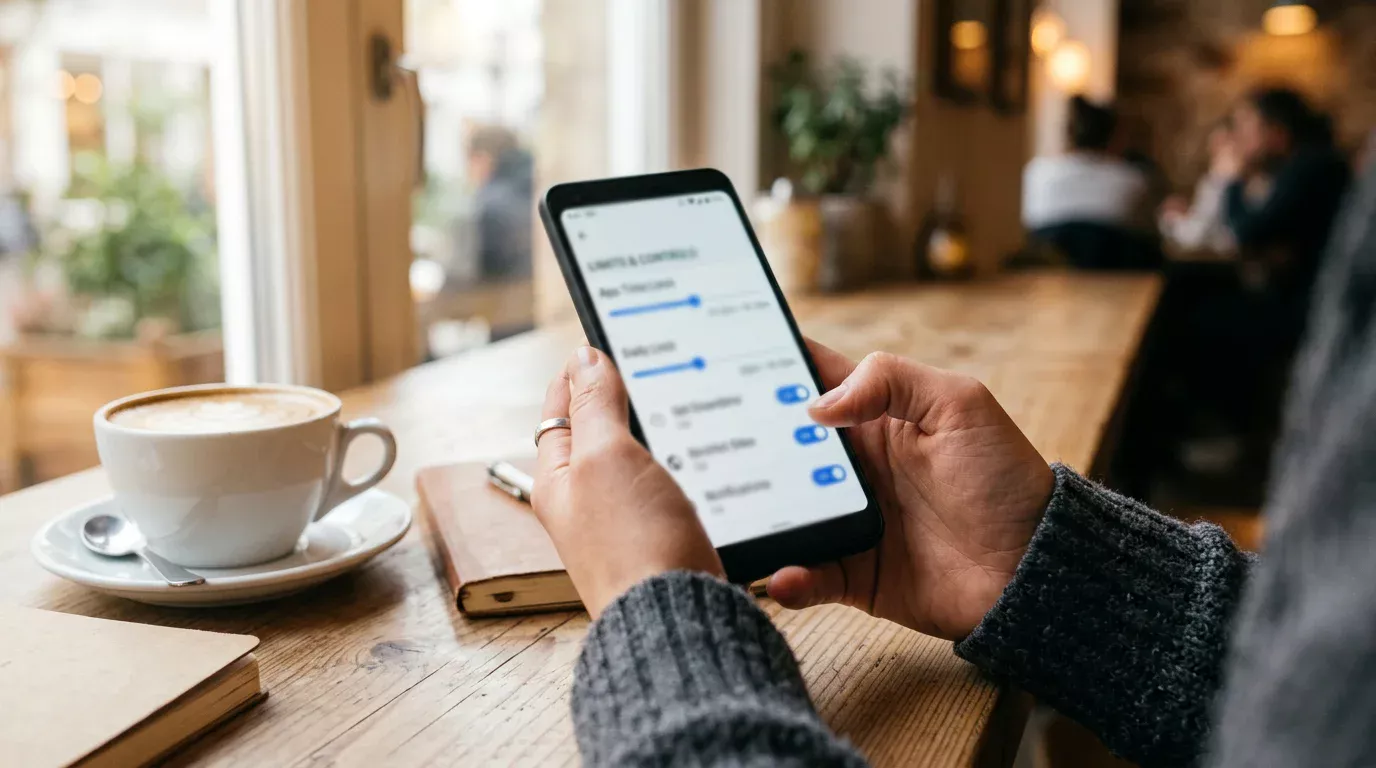 Persoon stelt speellimieten in op een smartphone bij een kop koffie